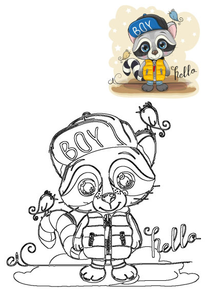 Adorable cartoon raccoon boy in a blue 'BOY' cap and yellow jacket, with a blue bird. Big blue eyes, friendly smile, starry hello background.