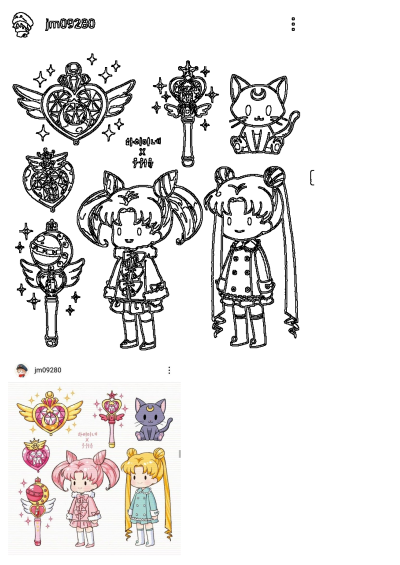 Detailed Sailor Moon chibi characters and iconic items illustration. Features outlines of Usagi, Chibiusa, magic wands, brooches, and Luna.