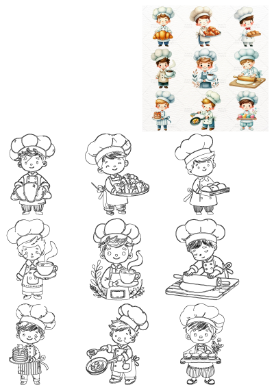 Adorable cartoon children chefs cooking and baking various foods like croissants, pancakes, and macarons, engaging in culinary activities.