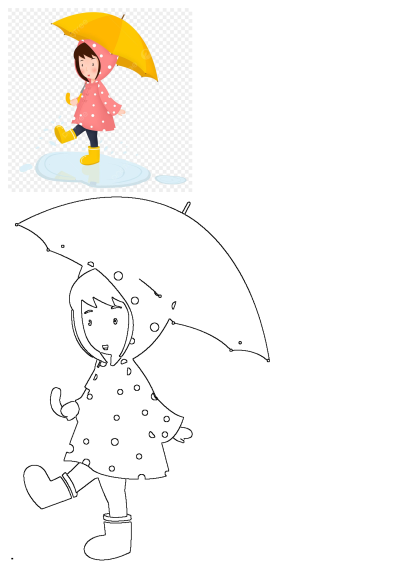 A cheerful girl in a pink polka-dotted raincoat and yellow boots joyfully splashes in a puddle, holding a bright yellow umbrella.