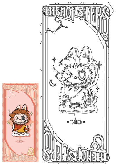 Outline of The Monsters Leo character, a winking lion-like monster with a cape, sharp teeth, stars, and Leo zodiac symbol, seen on pink.