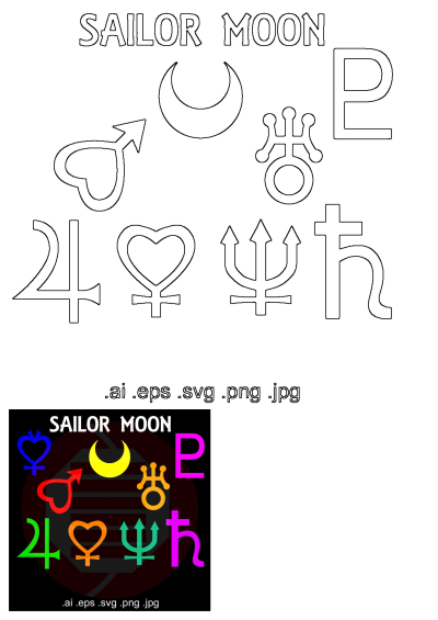 Sailor Moon celestial symbols: crescent moon, Mercury, Mars, Jupiter, Venus, Saturn, Uranus, Neptune, Pluto. Outline and colorful versions.