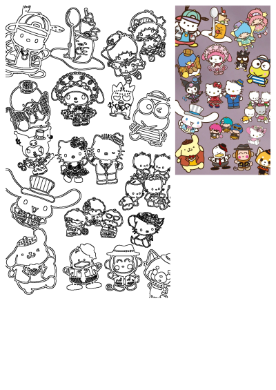 A vibrant collection of popular Sanrio characters including Hello Kitty, My Melody, and Cinnamoroll in cartoon style on a purple background.