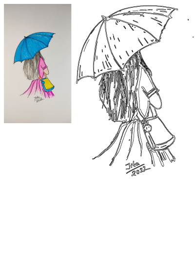 A colorful drawing of a girl holding a blue umbrella, wearing a pink dress, and carrying a yellow bag. A line art version is also shown.