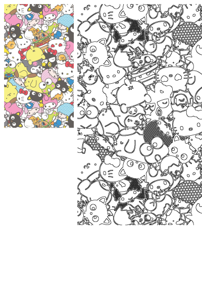 Vibrant, crowded kawaii pattern with Hello Kitty and popular cartoon characters on white background, plus a monochrome line art version.
