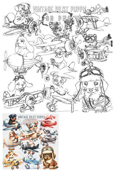 Cute vintage pilot puppies clipart for digital scrapbooking, featuring various breeds in planes and airships, perfect for craft files.
