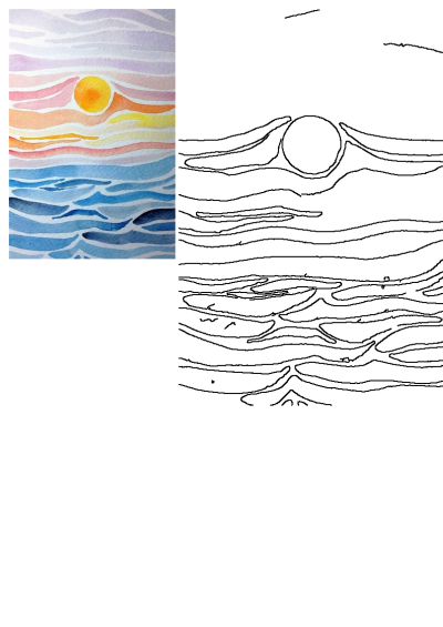 Vibrant watercolor sunset painting over ocean waves. Features an orange sun, pastel sky, and blue water in a serene landscape.