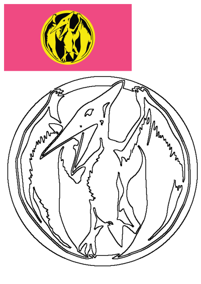Iconic yellow and black Pterodactyl Zord symbol on a vibrant pink background. Features a powerful prehistoric flying creature.