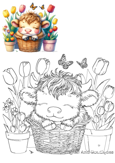 Adorable baby Highland cow clipart sleeping in a basket amidst colorful tulips and butterflies, perfect for nursery decor.