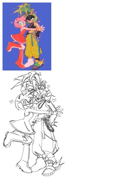 Amy Rose affectionately hugs a flustered Surge the Tenrec in colorful fan art. Pink hearts float on a vibrant blue background.