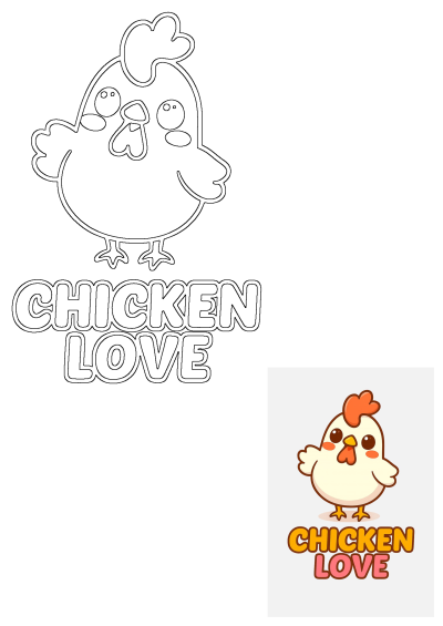 An adorable kawaii cartoon hen sticker design featuring a cute chicken and "Chicken Love" text, presented in both outline and colored versions.
