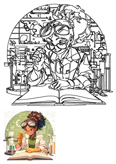 A woman scientist in a lab coat and goggles, studying an open book while performing an experiment with lab equipment.