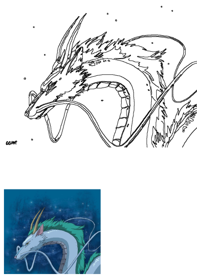 Spirited Away Haku Dragon character shown as a detailed outline drawing and vibrant illustration against a starry blue background.