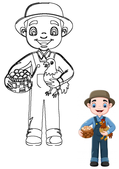 A cheerful cartoon farmer in overalls and a hat holds a basket of chicken eggs and a hen. Includes both colored illustration and black outline.