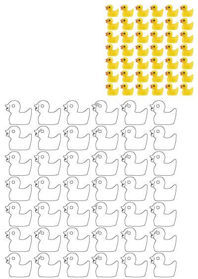 Rows of bright yellow rubber ducks on the right, complemented by a grid of black and white outlined duck drawings on the left.