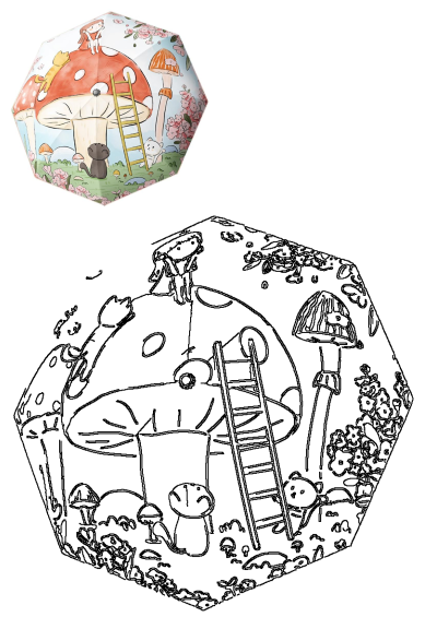 A whimsical umbrella featuring a design of a girl sitting on a mushroom house, with a climbing cat, a mouse, and flowers.