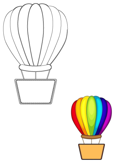 A vibrant rainbow hot air balloon with a blank banner, alongside its uncolored outline version for creative activities or coloring.