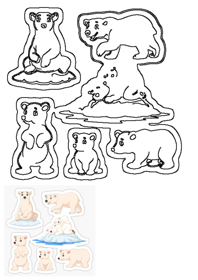 Detailed outlines of polar bear stickers, featuring a set of four arctic animals including bears on ice floes and with cubs.