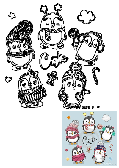 A group of cute cartoon penguins dressed in winter hats, scarves, and earmuffs, alongside festive candy canes and a gingerbread man, perfect for holiday themes.