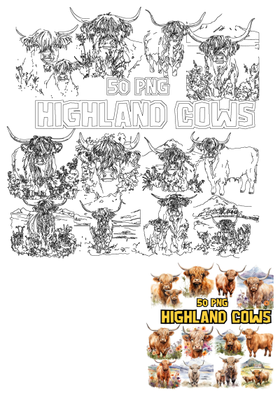 50 PNG Highland cow clipart bundle featuring watercolor illustrations and black outline designs, perfect for creative projects.