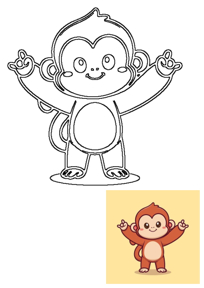 A black and white outline illustration of a cute cartoon monkey standing with its arms raised and fingers making a gesture. Ideal for simple designs.
