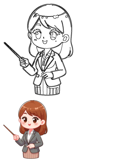Smiling cartoon business woman in a grey blazer, holding a pointer stick and gesturing a presentation, featuring both colored and outline versions.