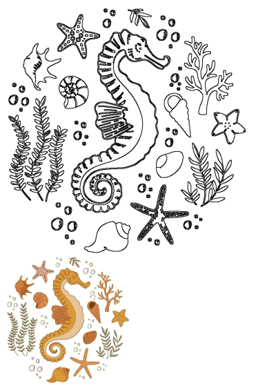 Vector illustration of an underwater world with a seahorse, starfish, various shells, coral, and seaweed. Includes both outline and colored versions.
