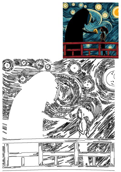 Vibrant Spirited Away art: No-Face and Chihiro on a bridge against a Starry Night sky, with its line art version below.