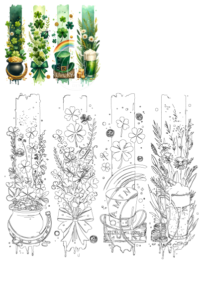 St. Patrick's Day banners: shamrocks, gold coins, festive plants, pot of gold, leprechaun hat, green beer. Color & outline.