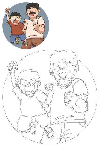 A joyful cartoon illustration of a father and son celebrating with raised fists, alongside a black and white line art version.