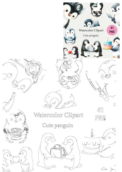 A collection of cute watercolor penguin clipart. Features penguins with a camera, cake, tuna, toaster, heart, sunglasses, sleeping, and a knife.