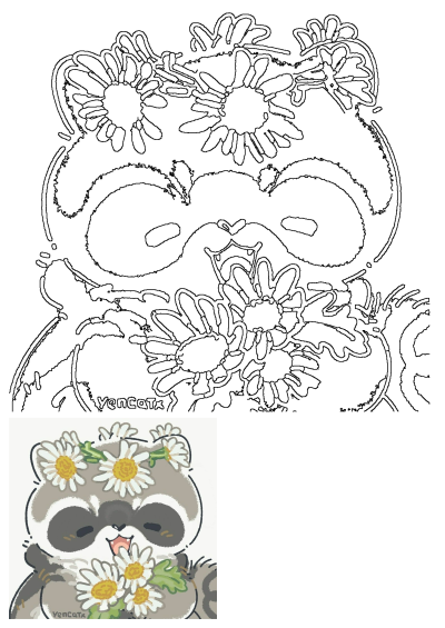 Outline drawing of an adorable raccoon wearing a daisy flower crown and holding a daisy bouquet, perfect for art journals.