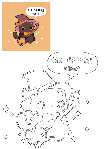 A cute black cat witch in a hat and cape holds a broom, surrounded by sparkles, celebrating Halloween spoopy time. Includes line art.