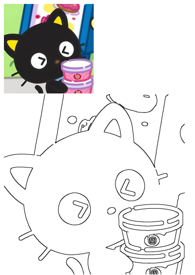 Chococat holding two stacked pink cups. Features the black cat character in a vibrant colored section and a printable outline.