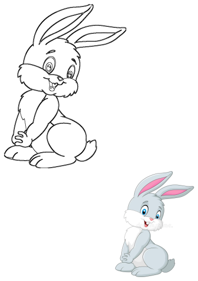 A cheerful grey and white cartoon bunny sitting on the ground with pink ears and blue eyes, alongside its black-and-white outline version.