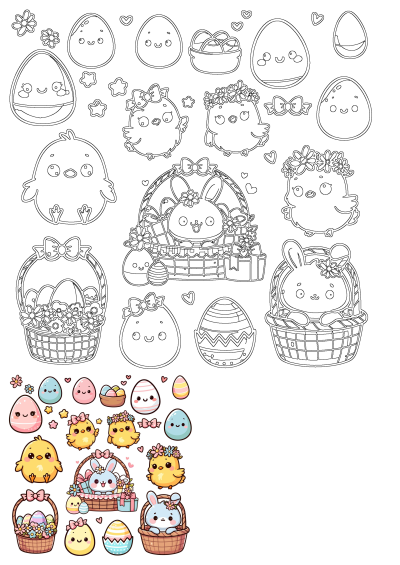 A set of cute cartoon Easter characters: adorable eggs with faces, happy chicks, bunnies in baskets, and festive decorations.