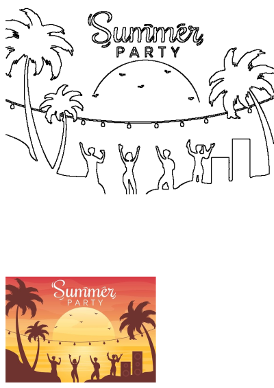 Vibrant summer beach party silhouette at sunset featuring palm trees, dancing people, string lights, and speakers.