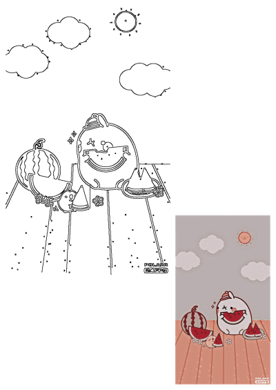 A delightful cartoon character enjoys eating fresh watermelon slices on a sunny summer day, surrounded by whole watermelons and flowers.