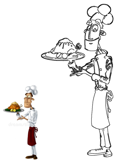 A cheerful cartoon chef in uniform serves a roasted chicken platter with lemon. Features both colored clipart and outline versions. Royalty-free.
