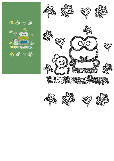 Cute Kerokerokeroppi frog and a white companion wallpaper design on a green background, featuring stars, flowers, and hearts.