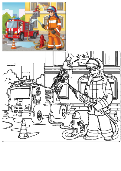 Cartoon fireman bravely extinguishes building fire with hose from hydrant, red fire truck and ladder fireman aid.
