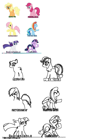 My Little Pony character mashups with creative names like Apple Pie, Pinkiejack, and Rarissparkle, shown in color and outline forms.