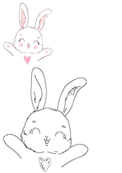 Cute pink bunny drawing holding a heart, with rosy cheeks and happy expression, accompanied by a black outline version.