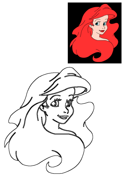 Ariel, The Little Mermaid, with iconic red hair and blue eyes, smiling. The image features both a colored illustration and an outline drawing.