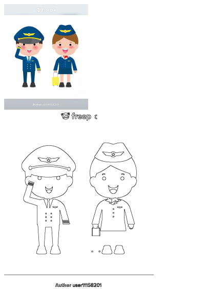 A cute cartoon pilot salutes alongside a smiling flight attendant holding a yellow suitcase, both wearing professional airline uniforms.