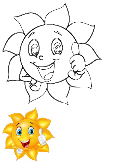 A cheerful yellow cartoon sun character with blue eyes, wide smile, and thumbs-up, alongside its black outline.