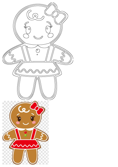 Cute gingerbread girl featuring a black outline drawing and a full-color design with red bow, dress, and rosy cheeks for holidays.
