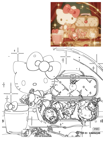A cute Hello Kitty cartoon character alongside an open, ornate vintage suitcase filled with sparkling accessories and a pink drink.
