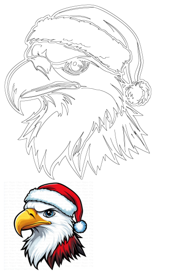 A patriotic eagle head wearing a Santa hat, ideal for Christmas and holiday season designs. Features a bold, colored illustration with a matching outline version.
