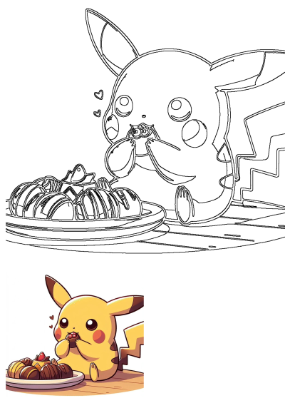 Cute cartoon Pikachu joyfully eating a piece of chocolate cake and other desserts from a plate, with hearts showing delight.